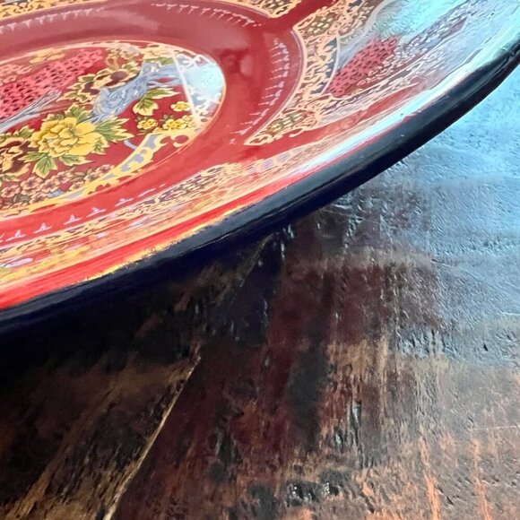 Vintage Red Enamel Decorative Bowl With Floral & Peacock Motifs - Picture 7 of 10